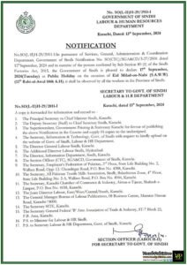 Labour & Human Resource Department Sindh Declares 17th September 2024 as Public Holiday for Eid Milad-un-Nabi (S.A.W.W) for Workers in Sindh-Notification