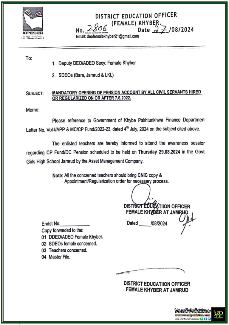 Mandatory Pension Account Opening for Civil Servants Regularized After June 2022 Awareness Session for Khyber Teachers-Notification