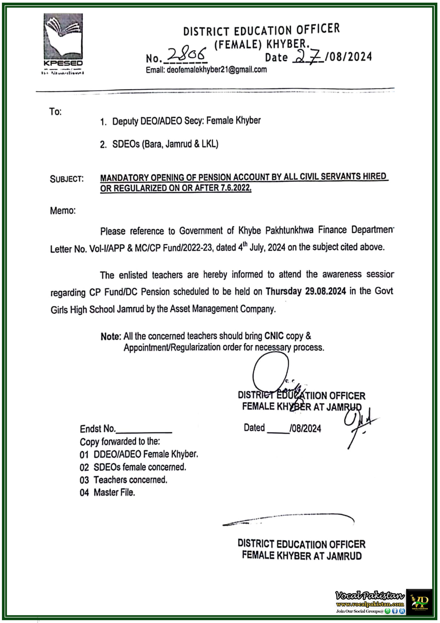 Pensions 2 Mandatory Pension Account Opening for Civil Servants Regularized After June 2022 Awareness Session for Khyber Teachers-Notification