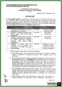 Ministry of Housing and Works Shifts Maintenance Responsibilities from Pak. PWD to CDA and Estate Office-Notification