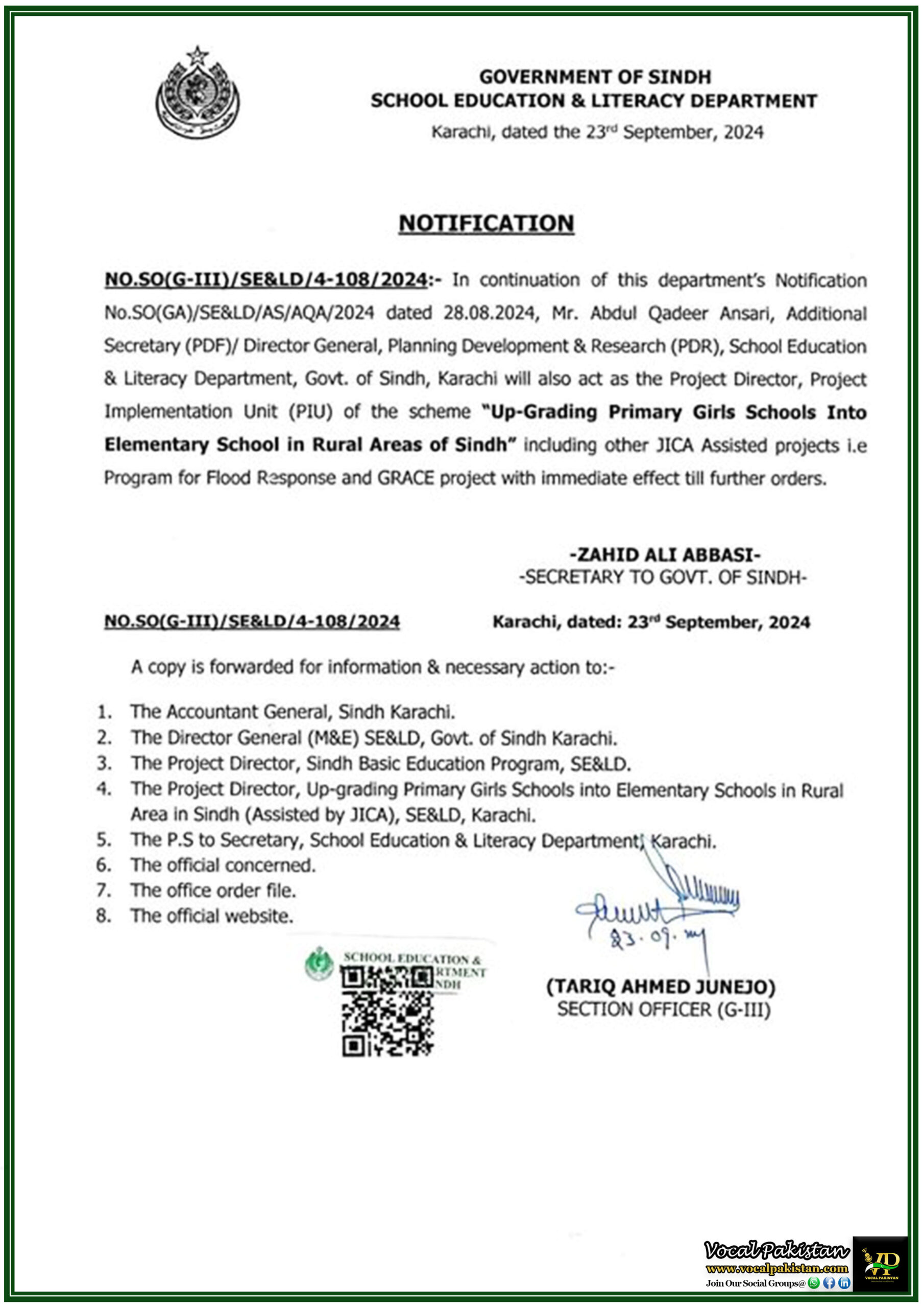 Government Jobs 4 Mr. Abdul Qadeer Ansari Appointed as Project Director for Sindh School Up-Gradation and JICA Assisted Projects-Notification