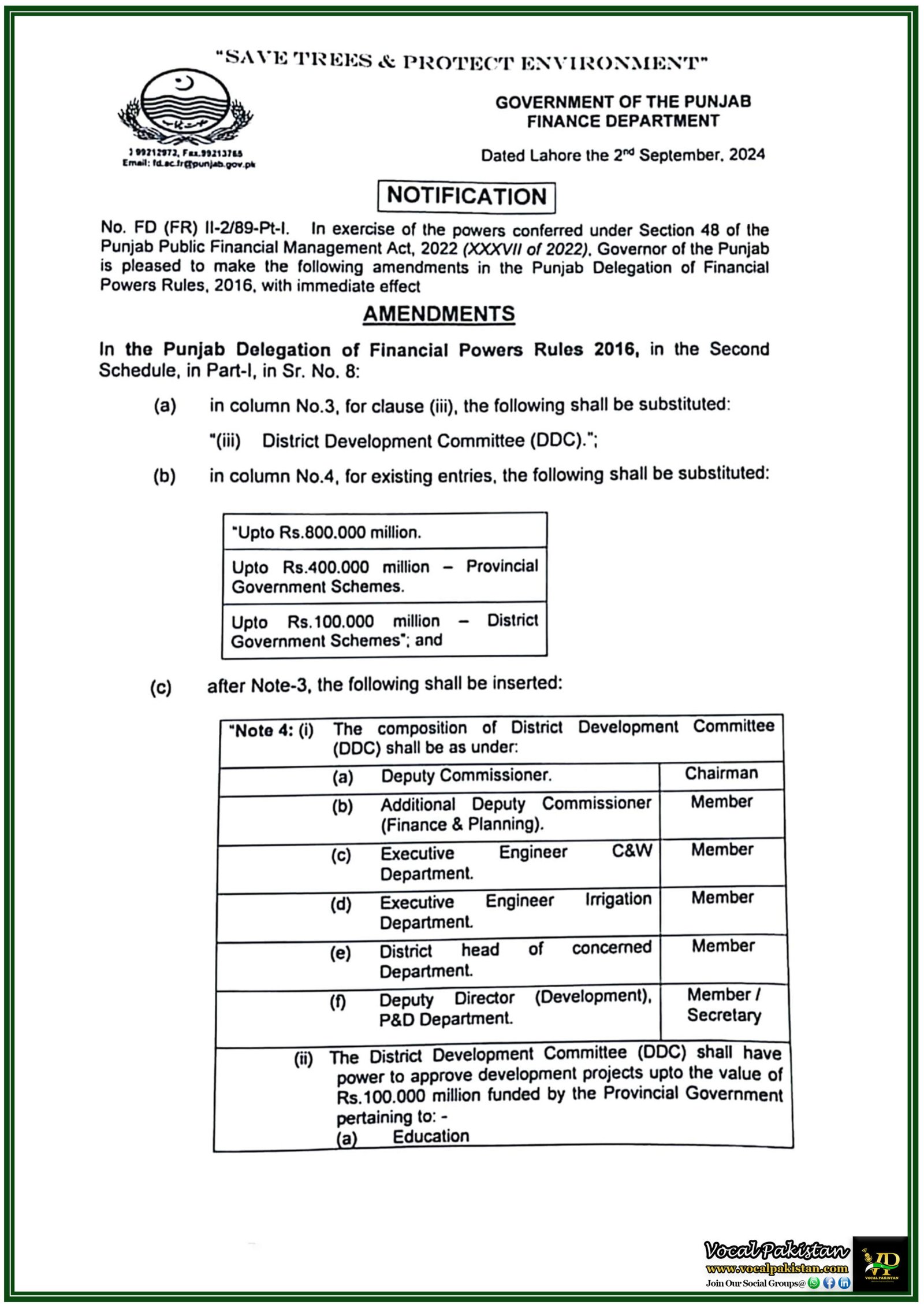 New Amendments to Punjab Delegation of Financial Powers: Increased Authority for District Development Projects-Notification