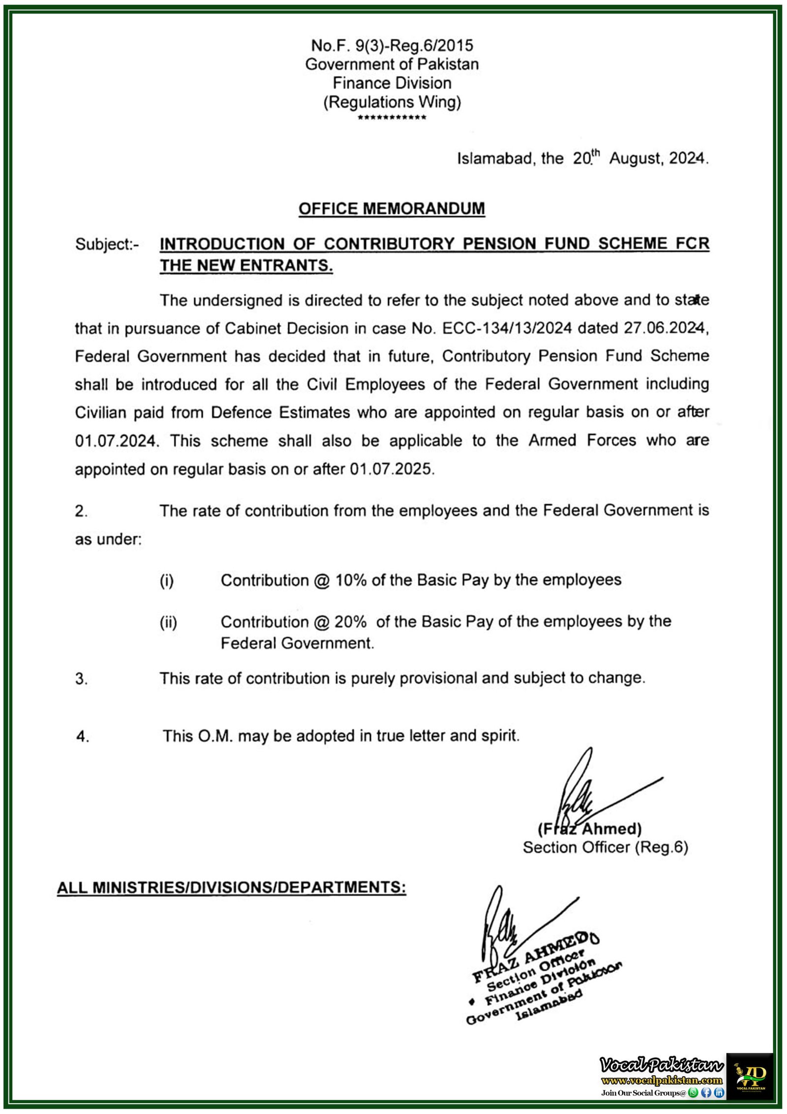 New Pension Fund Scheme Launched: Federal Employees to Contribute 10% with Government Matching 20% from July 2024-Notification