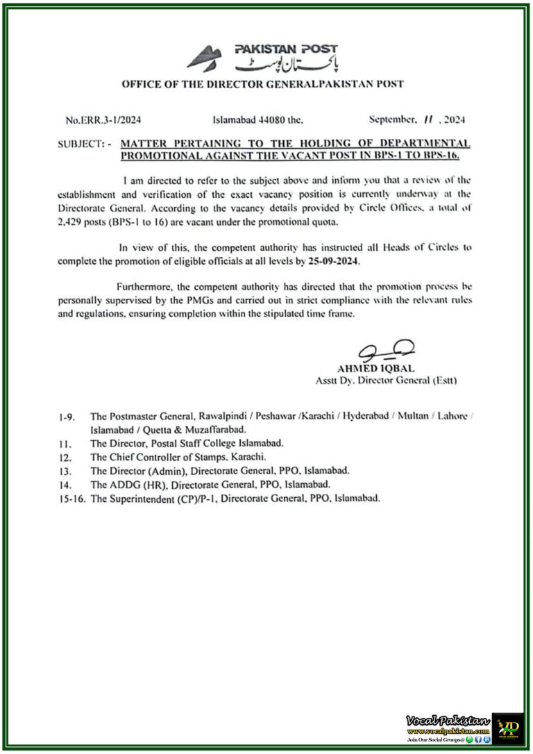 Pakistan Post Announces 2,429 Vacant Posts for Departmental Promotions (BPS-1 to BPS-16) – Deadline Set for 25th September 2024-Notification