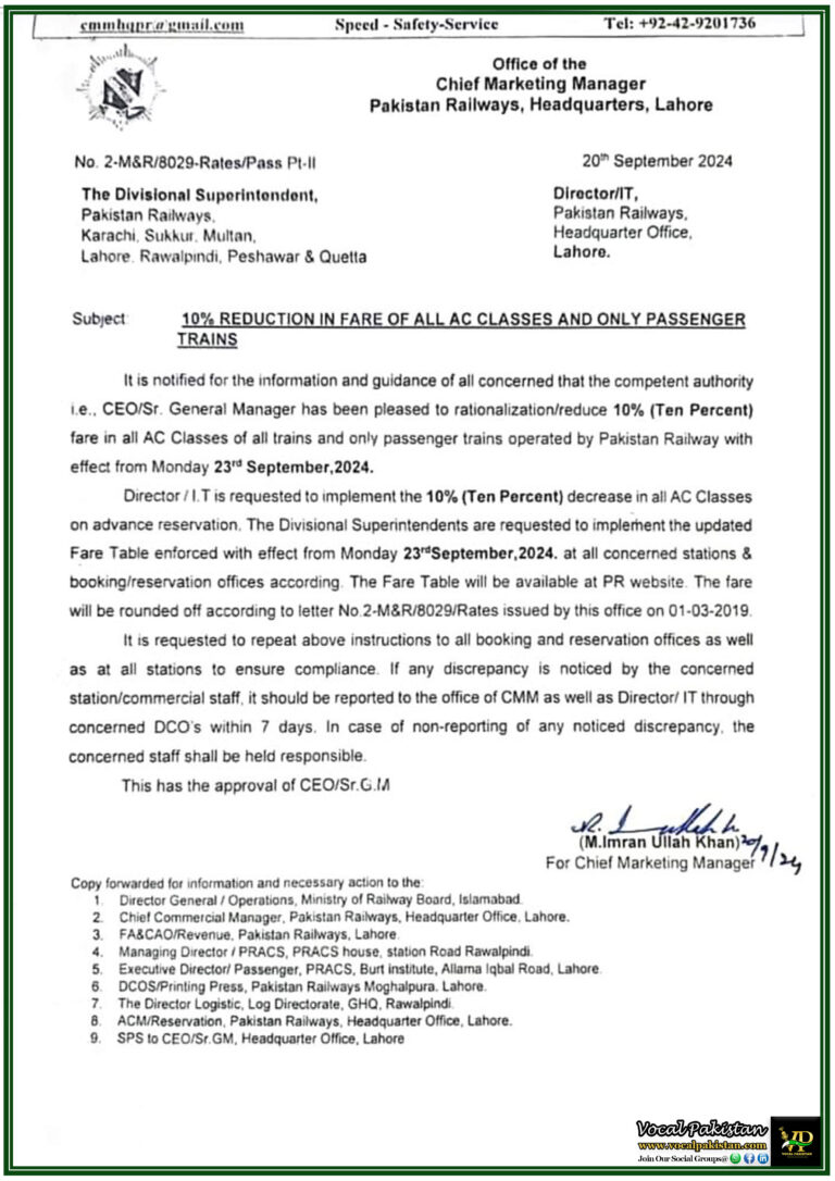 Pakistan Railways Announces 10% Fare Reduction for All AC Classes and Passenger Trains-Notification