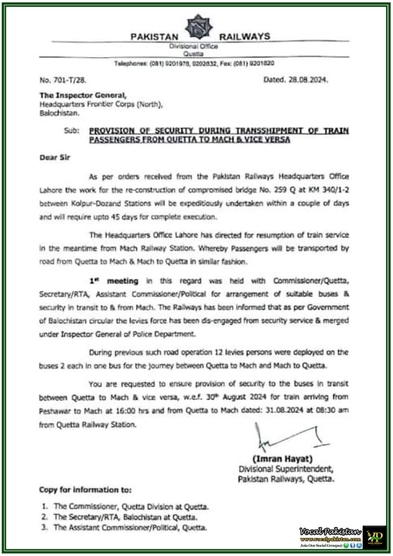 Pakistan Railways Initiates Security Measures for Passenger Transshipment Amidst Bridge Reconstruction Between Quetta and Mach-Notification