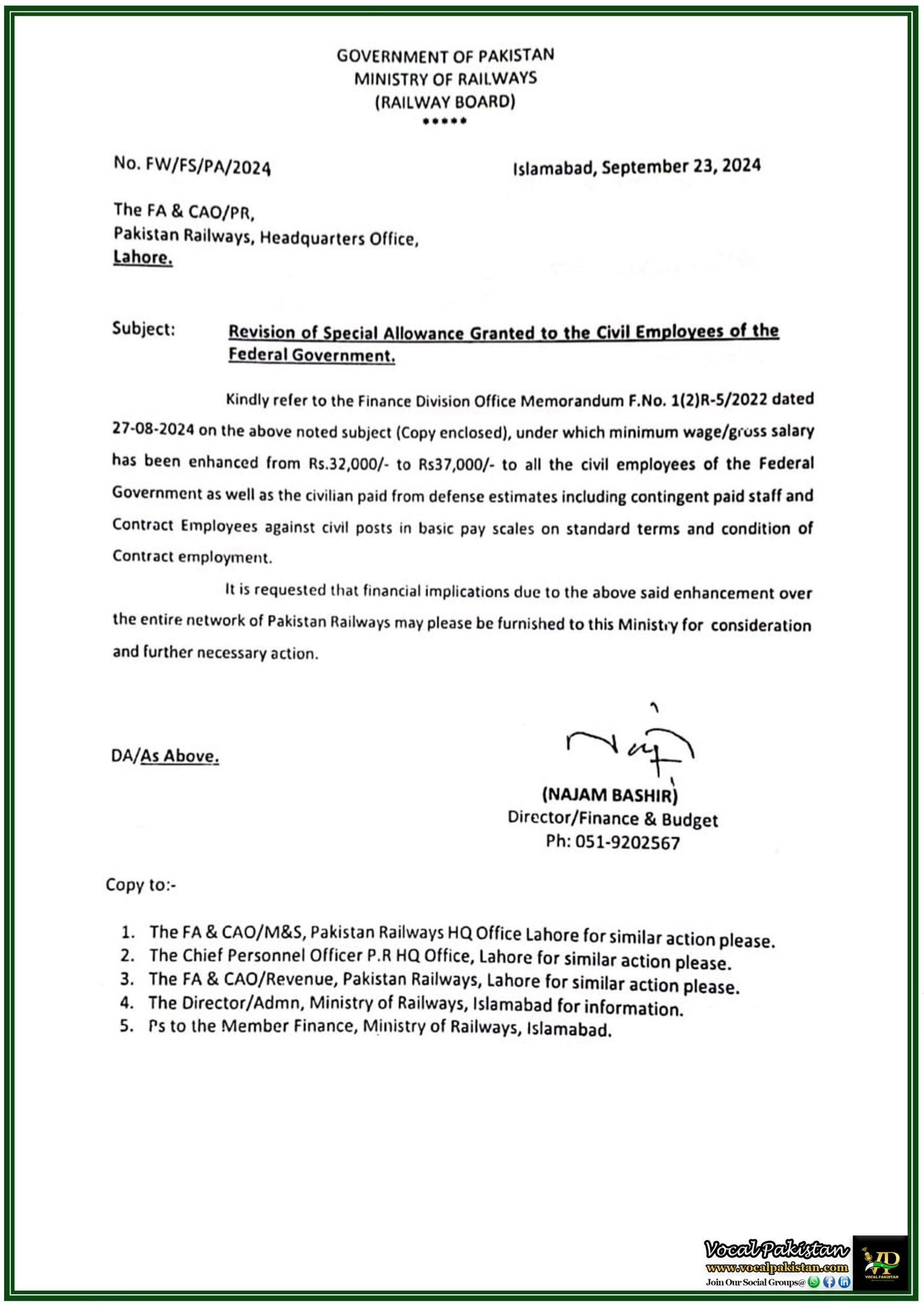 Pakistan Railways To Implement Revised Minimum Wage Increased To Rs. 37,000 As Per Federal Government Policy-Notification