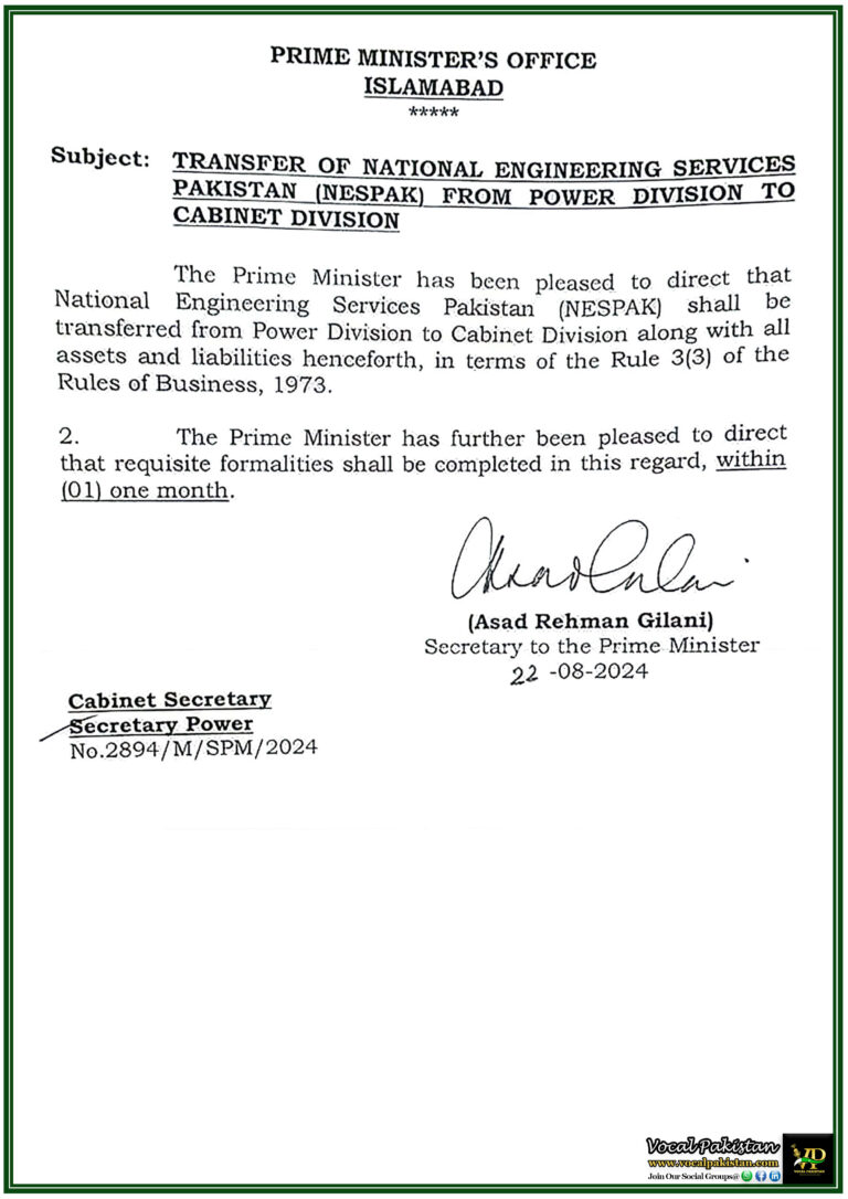 Prime Minister Orders Transfer of NESPAK from Power Division to Cabinet Division for Streamlined Oversight-Notification