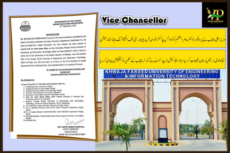 Prof. Dr. Amir Azam Khan Appointed as Vice Chancellor of Khwaja Fareed University of Engineering & IT, Rahim Yar Khan-Notification