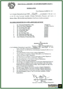 Provincial Assembly of Khyber Pakhtunkhwa Constitutes New Standing Committee on Labour Department-Notification