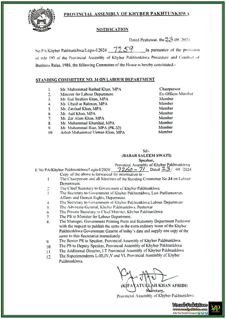 Provincial Assembly of Khyber Pakhtunkhwa Constitutes New Standing Committee on Labour Department-Notification