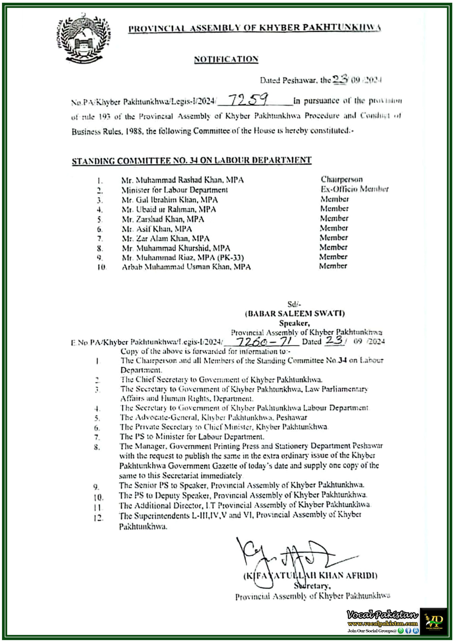 Government Jobs 5 Provincial Assembly of Khyber Pakhtunkhwa Constitutes New Standing Committee on Labour Department-Notification
