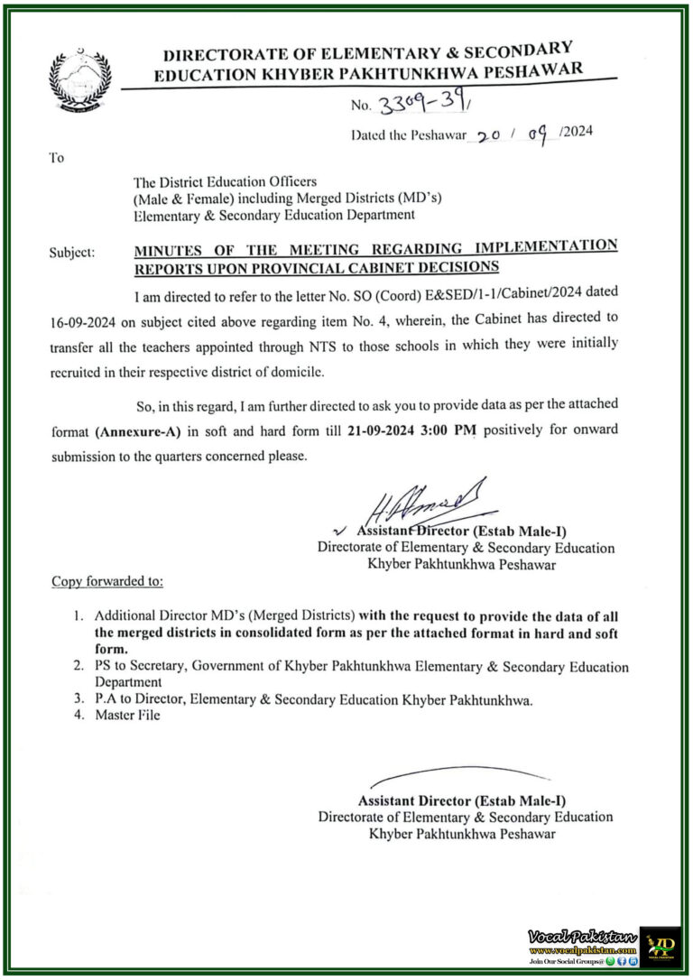 Provincial Cabinet Decision Immediate Transfer of NTS-Recruited Teachers to Original Posting Schools in Khyber Pakhtunkhwa-Notification