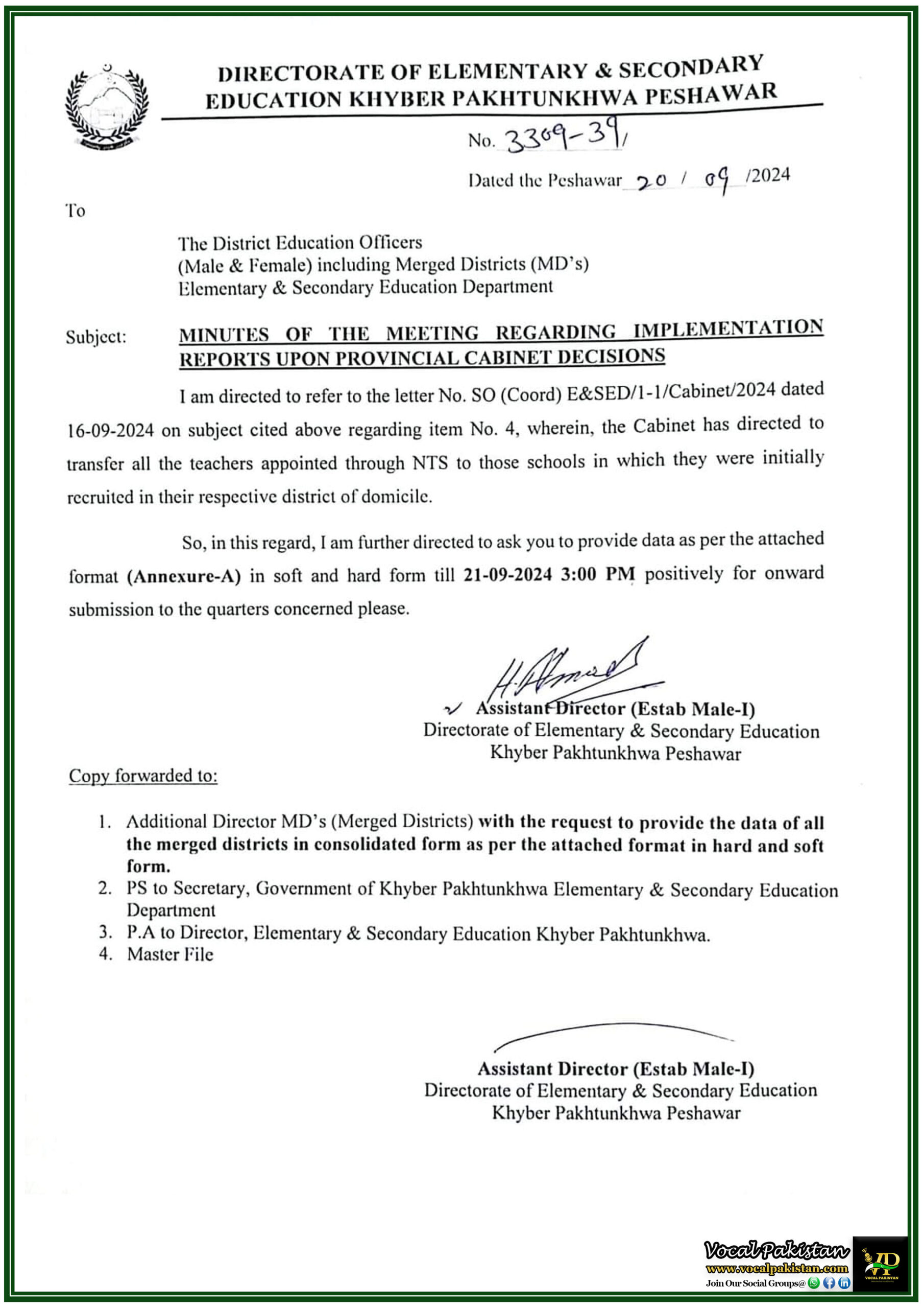 Provincial Cabinet Decision: Immediate Transfer of NTS-Recruited Teachers to Original Posting Schools in Khyber Pakhtunkhwa-Notification