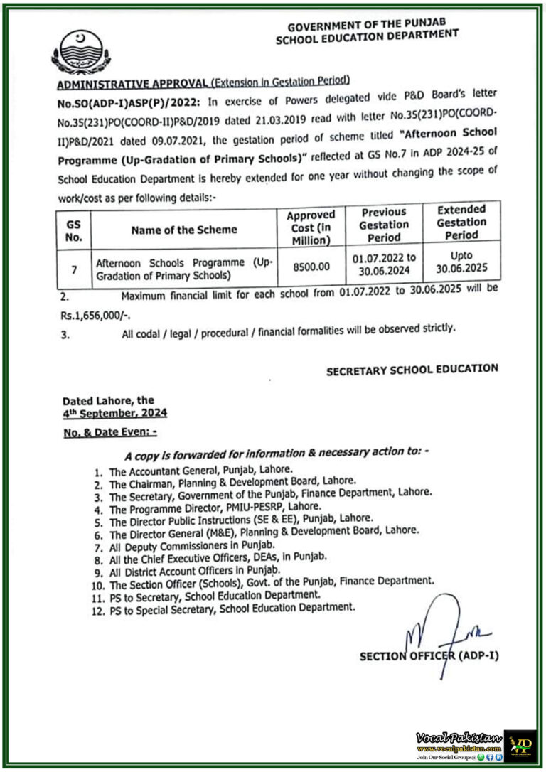 Punjab Government Extends Approves One-Year Extension for Afternoon School Programme-Notification