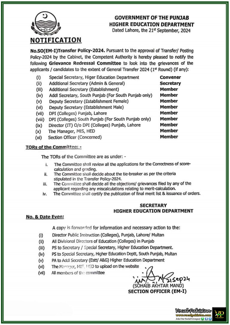 Punjab Higher Education Department Forms Grievance Redressal Committee for General Transfer 2024-Notification