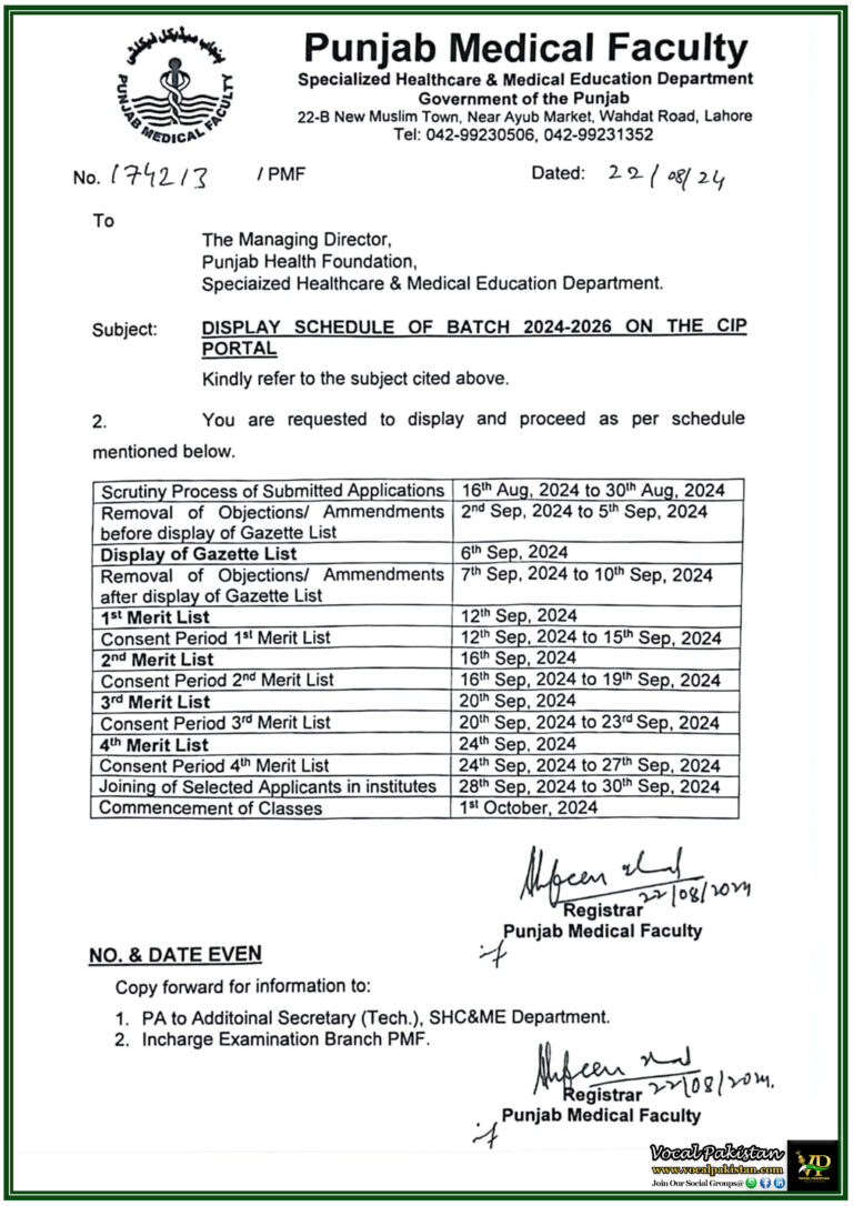 Punjab Medical Faculty Releases Batch 2024-2026 Merit List and Schedule Key Dates and Deadlines-Notification