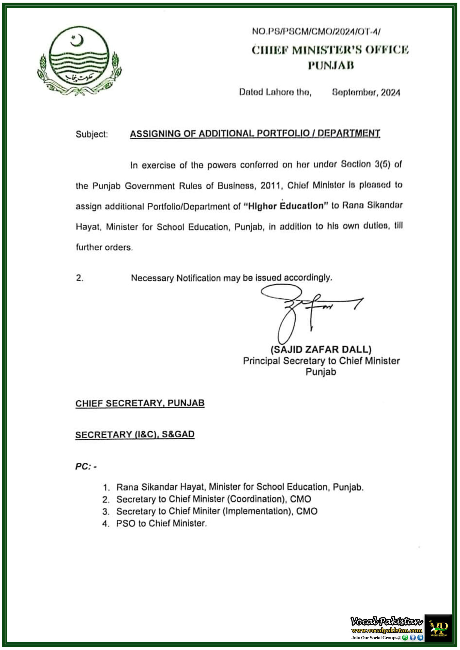 Punjab 7 Punjab Minister for School Education Assigned Additional Portfolio of Higher Education-Notification