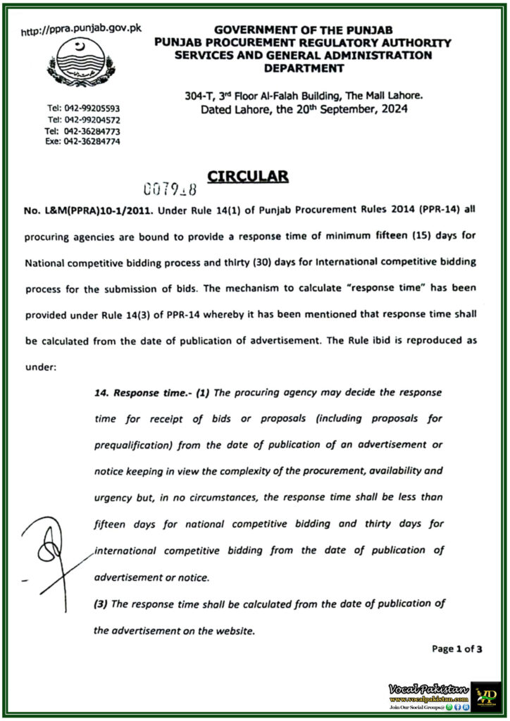 Punjab PPRA Clarifies Bid Submission Timeline Response Time to Exclude Date of Advertisement-Notification