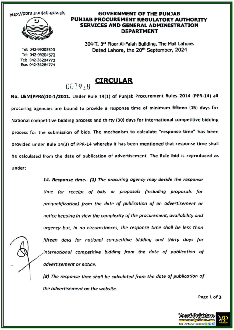 Punjab PPRA Clarifies Bid Submission Timeline Response Time to Exclude Date of Advertisement-Notification