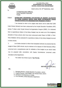 Punjab School Education Department Issues New Budget Utilization Rules for Outsourced Schools in PSRP Phase-I-Notification