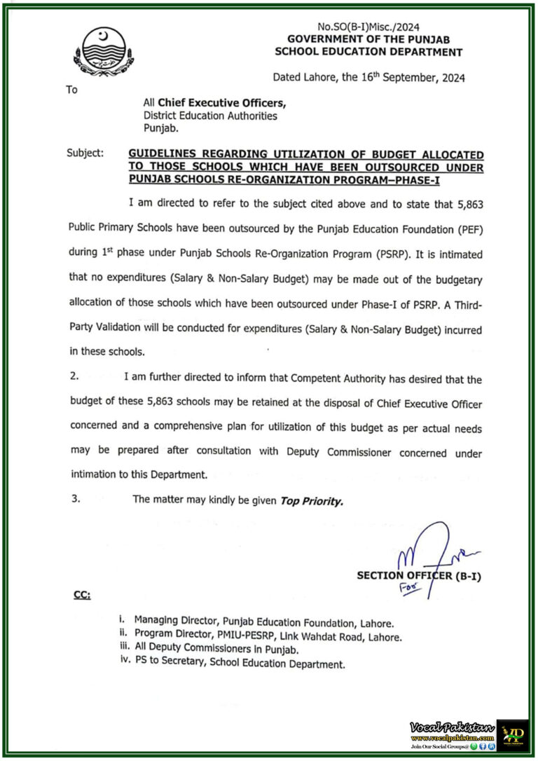 Punjab School Education Department Issues New Budget Utilization Rules for Outsourced Schools in PSRP Phase-I-Notification