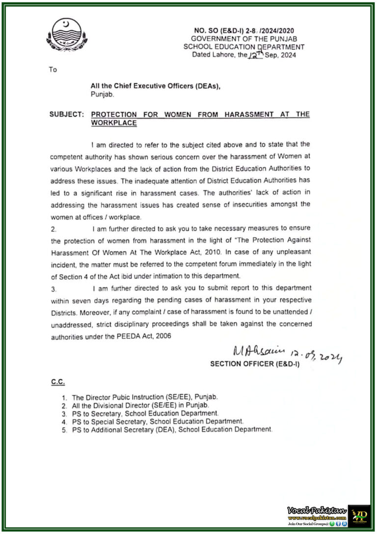 Punjab School Education Department Urges Immediate Action on Harassment Cases Strict Measures to Protect Women at Workplaces-Notification