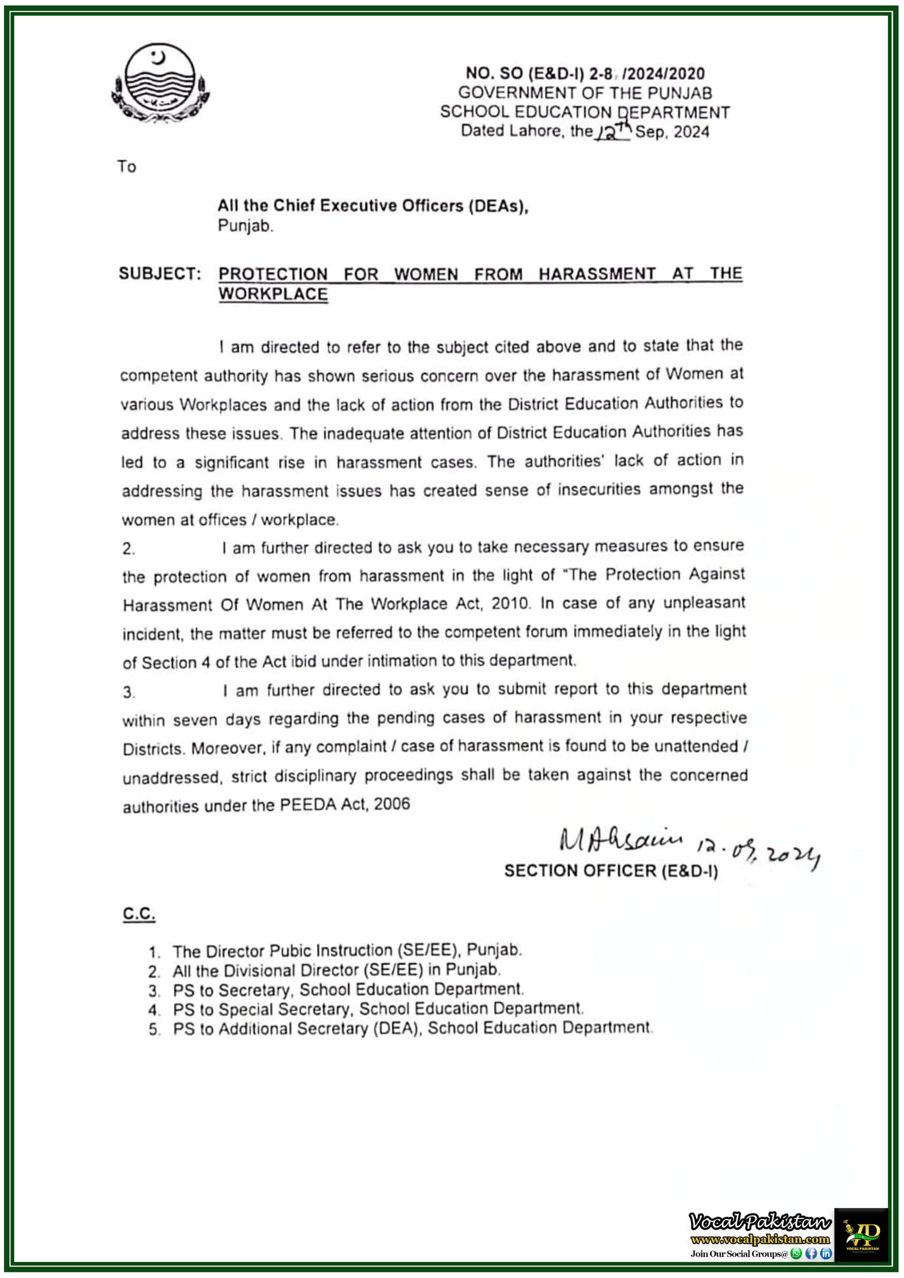 Punjab 6 Punjab School Education Department Urges Immediate Action on Harassment Cases Strict Measures to Protect Women at Workplaces-Notification