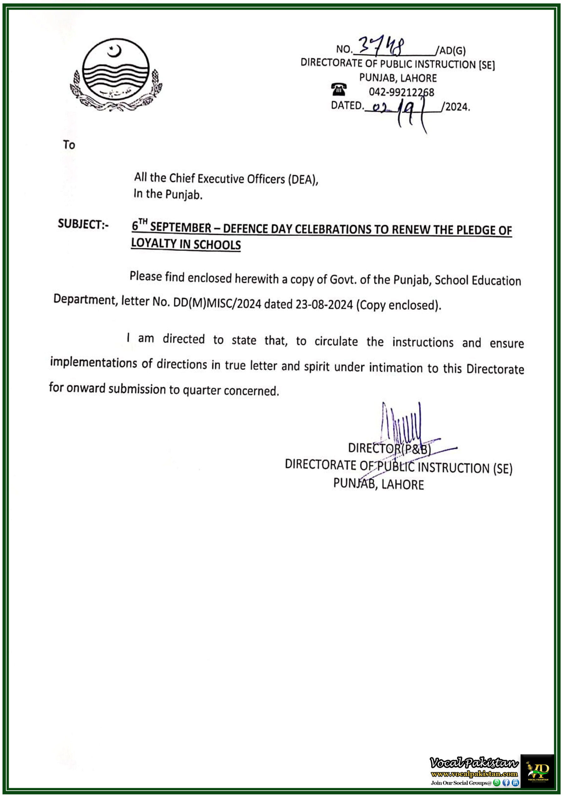 Punjab 8 Punjab Schools to Celebrate 6th September - Defence Day with Loyalty Pledges and Patriotic Activities-Notification