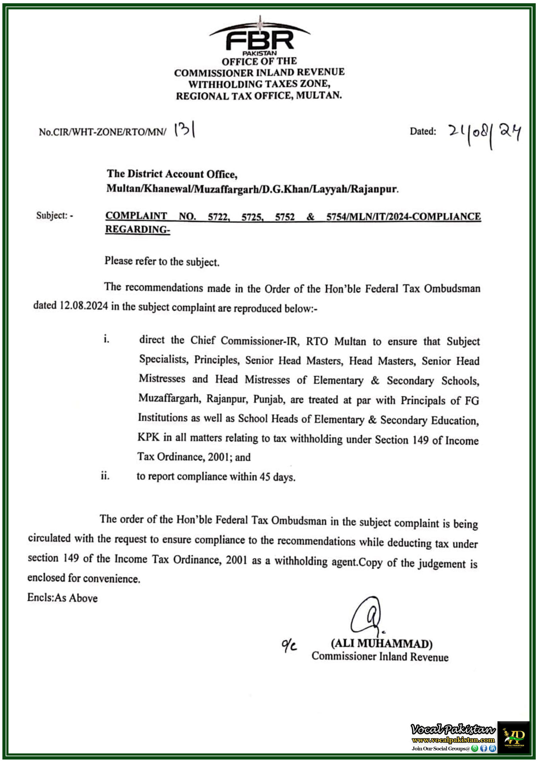 Punjab 3 RTO Multan Urged to Ensure Equal Tax Withholding Treatment for Punjab School Heads as per FTO Ruling-Notification
