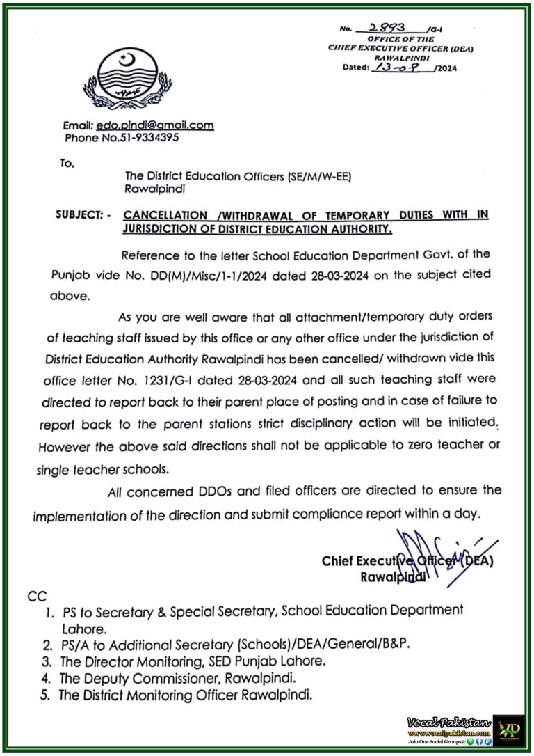 Rawalpindi District Education Authority Orders Return of Teaching Staff to Parent Stations-Notification