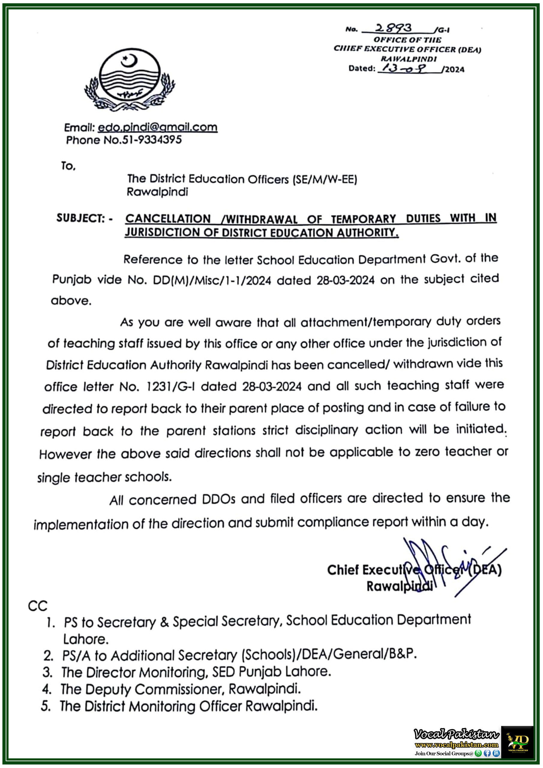 Rawalpindi District Education Authority Orders Return of Teaching Staff to Parent Stations-Notification