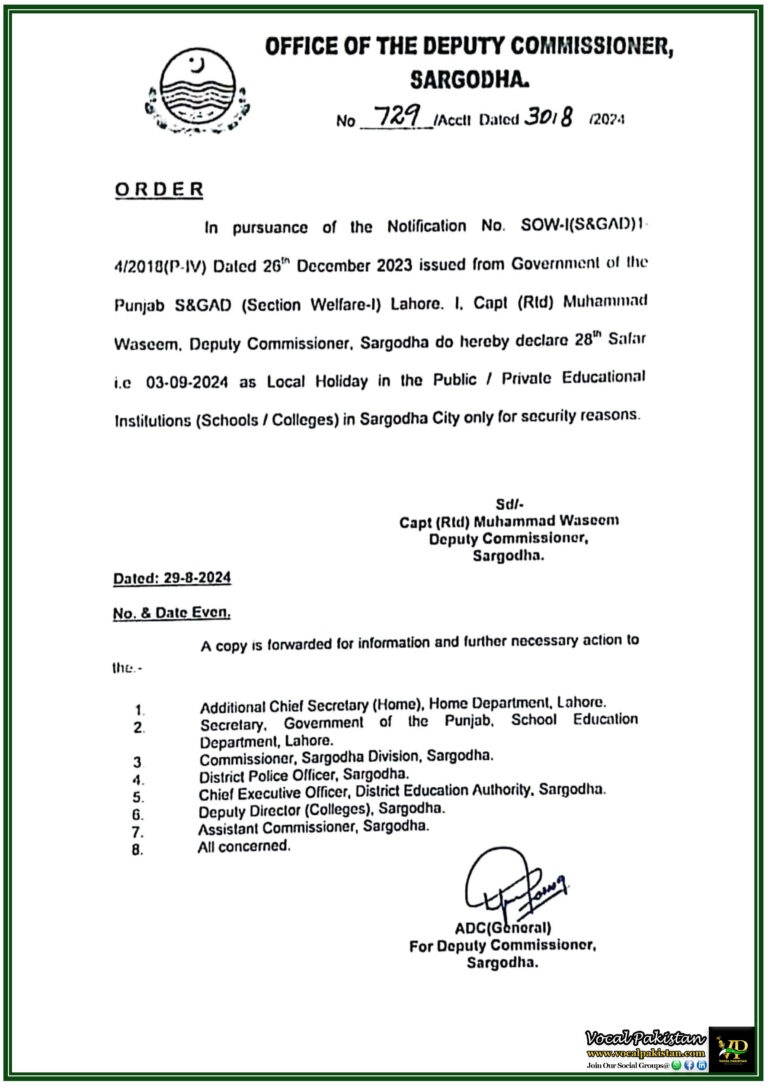 Sargodha Schools and Colleges to Remain Closed on 28th Safar for Security Concerns Official Notification