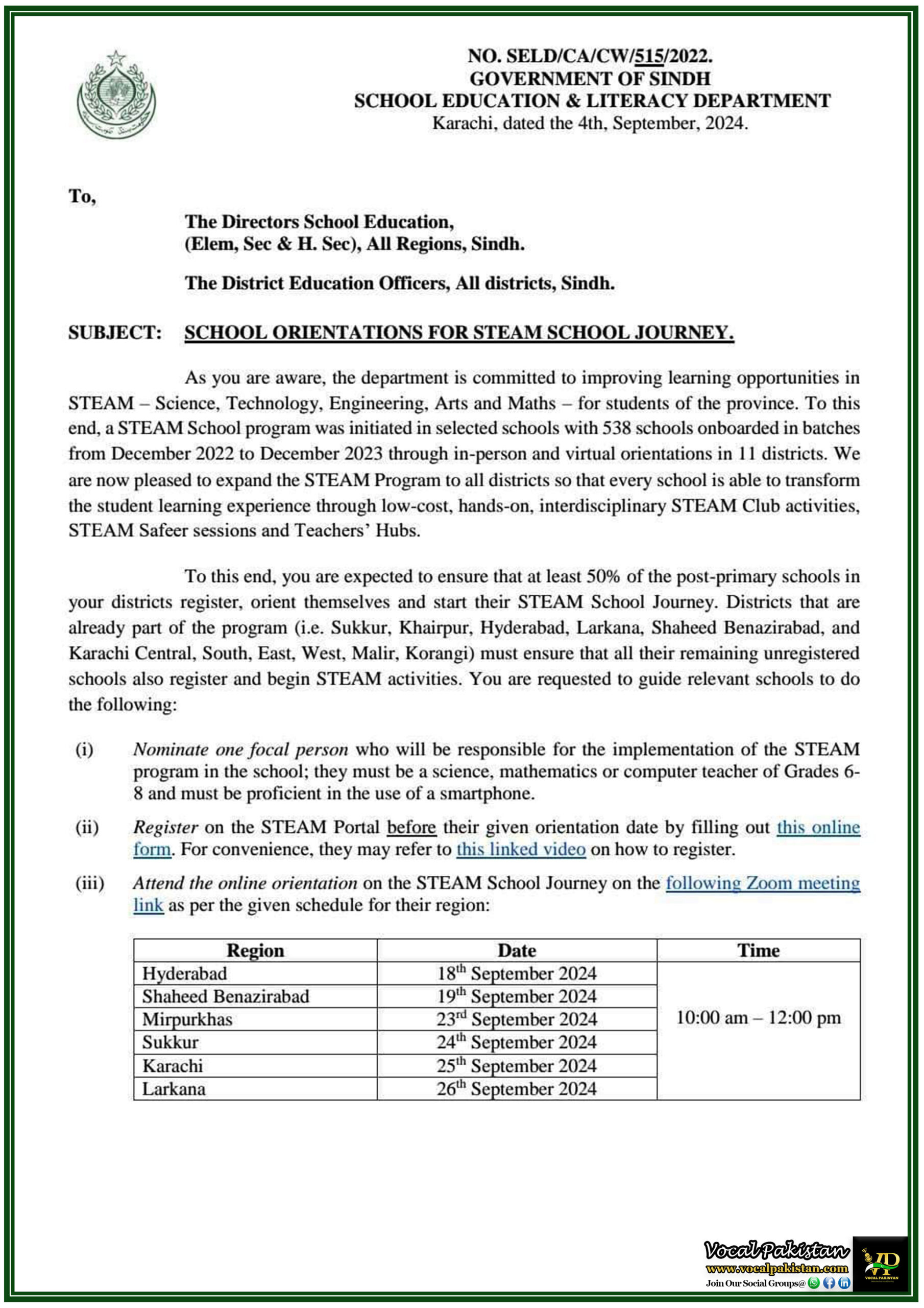 Sindh 3 School Education Department Sindh Launches STEAM Orientations for 50% of Post-Primary Schools-Notification