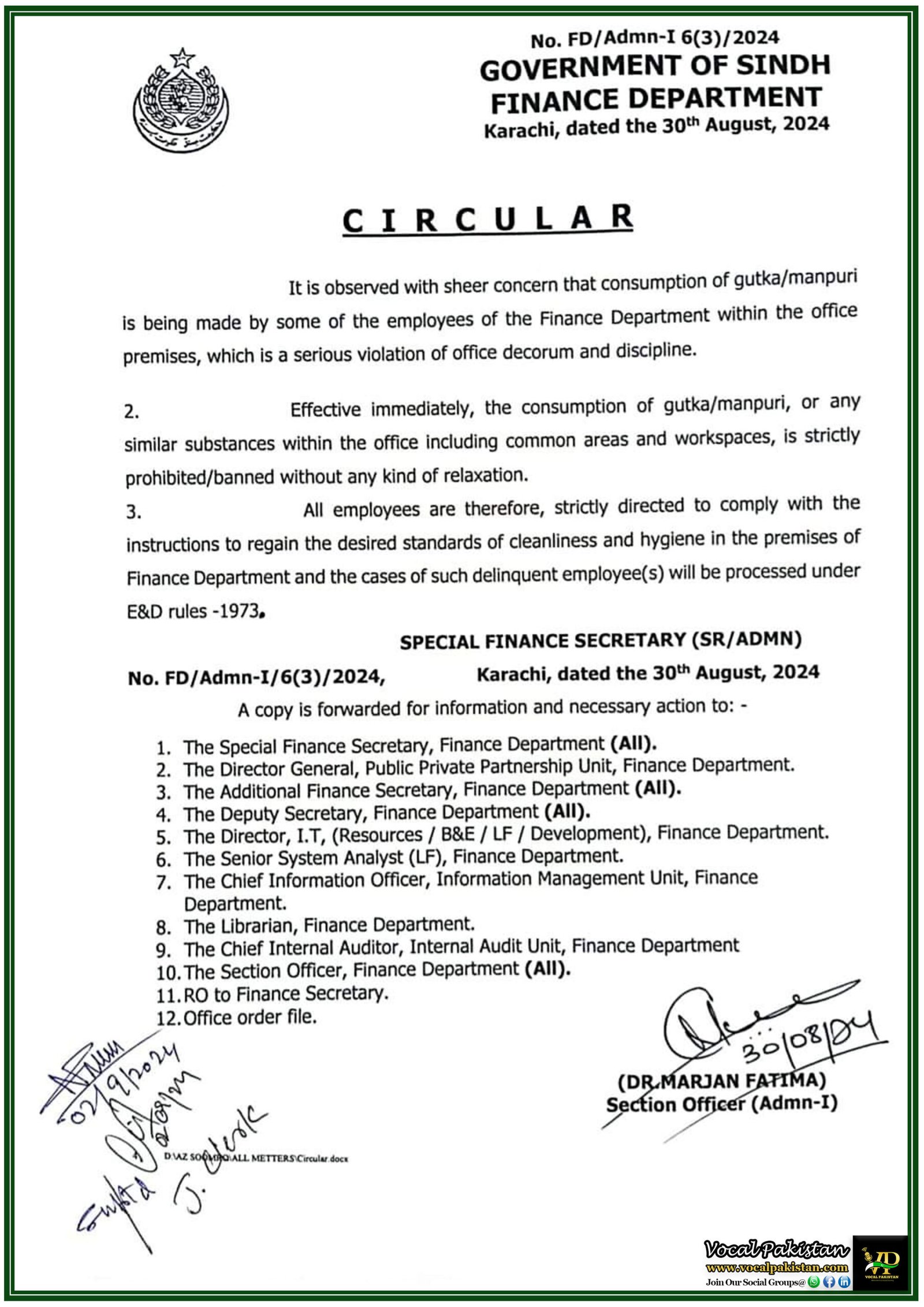 Sindh Finance Department Enforces Strict Ban on Gutka/Manpuri to Uphold Office Hygiene and Discipline-Notification