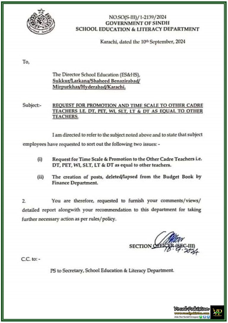 Sindh Government Initiates Time Scale Promotion Review for Other Cadre Teachers-Notification