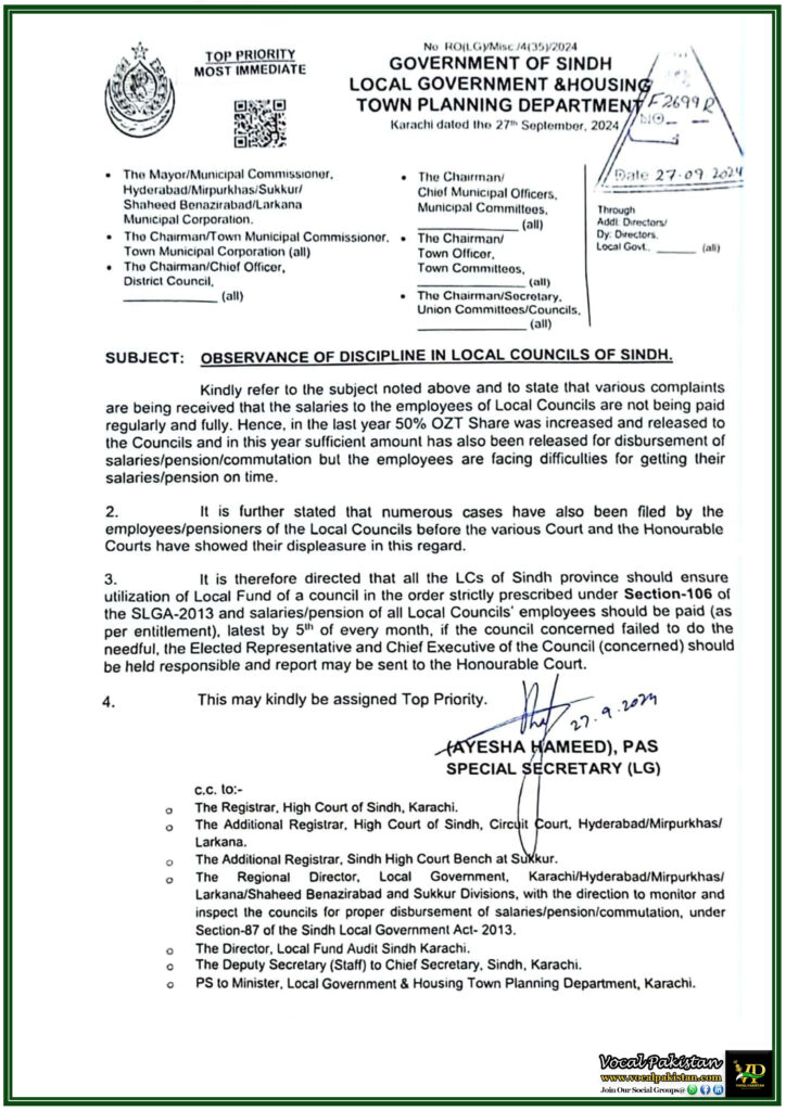 Sindh Government Urges Timely Salary Payments for Local Councils Employees Strict Action on Delays-Notification