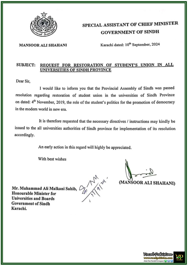 Sindh Government Urges Universities to Implement Student Union Restoration-Notification