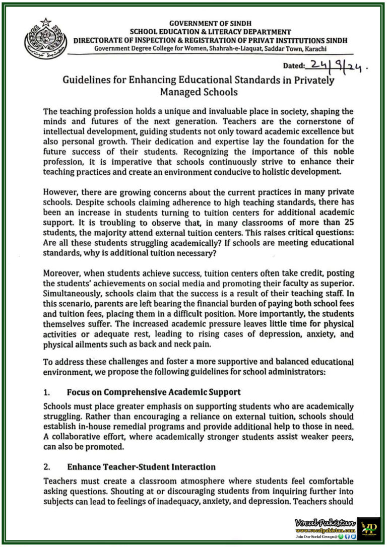 Sindh Government's New Framework for Private Schools Focus on Academic Excellence and Student Well-being-Notification