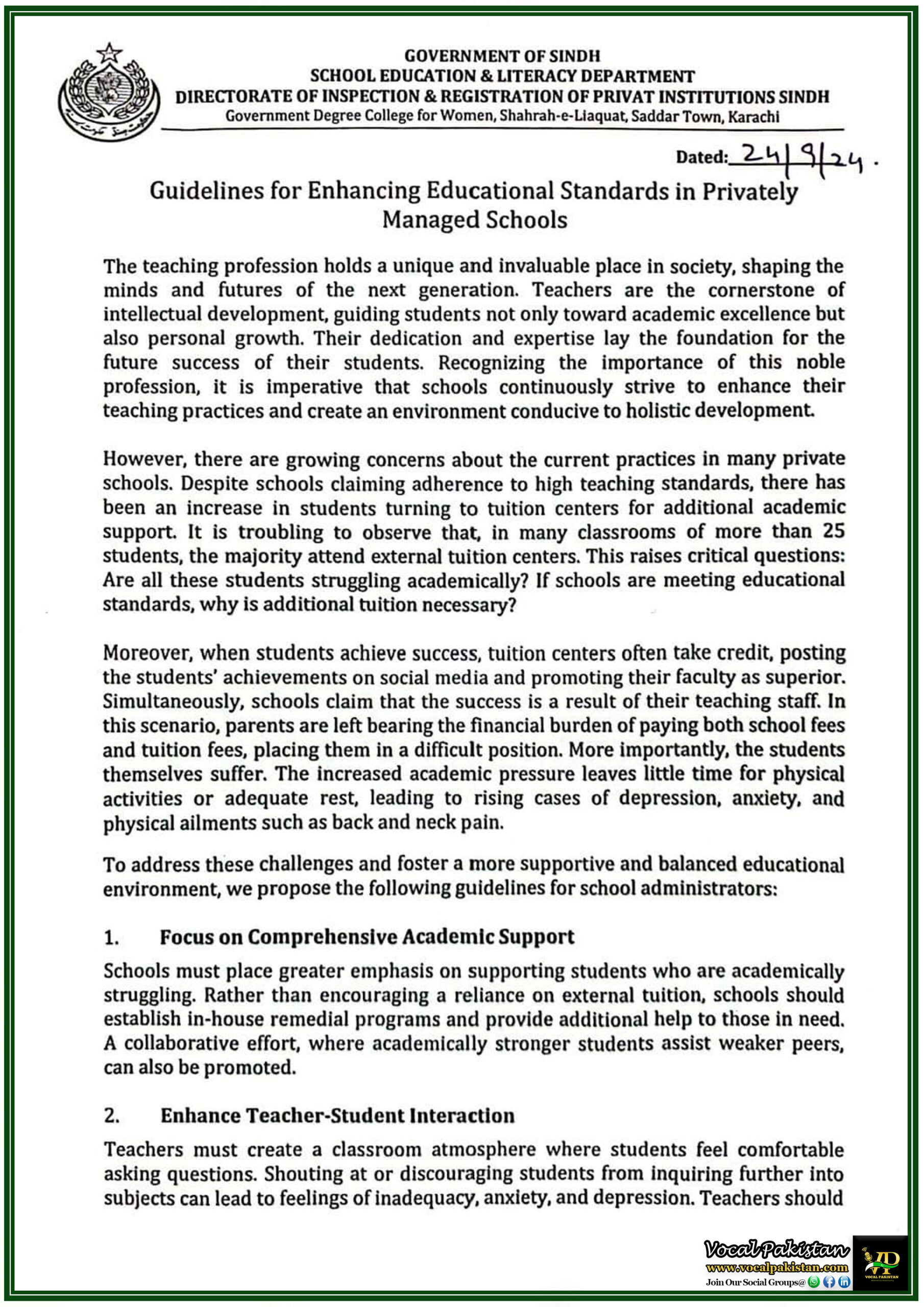 Sindh Government’s New Framework for Private Schools: Focus on Academic Excellence and Student Well-being-Notification