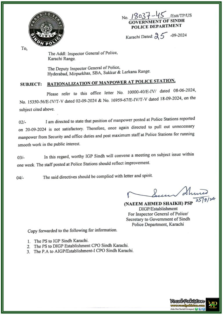 Sindh Police Orders Manpower Rationalization to Strengthen Police Stations-Notification