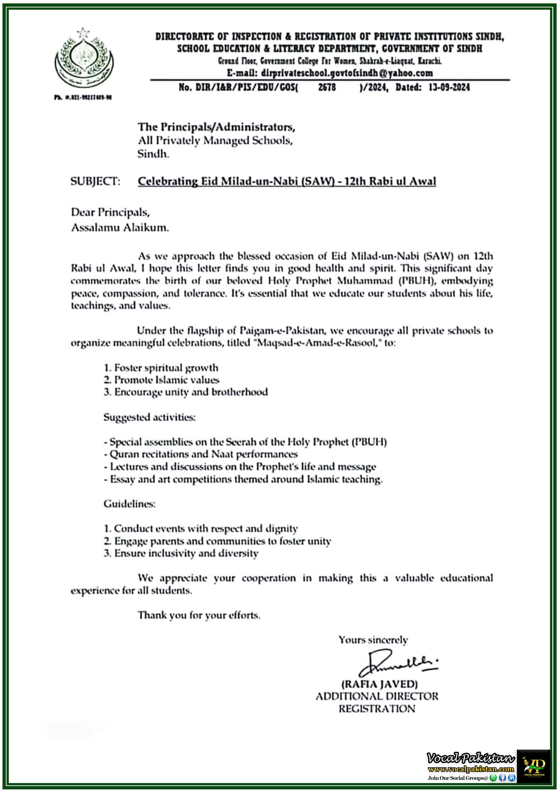 Sindh 7 Sindh Schools to Celebrate Eid Milad-un-Nabi (SAW) with ‘Maqsad-e-Amad-e-Rasool’ Programs-Notification