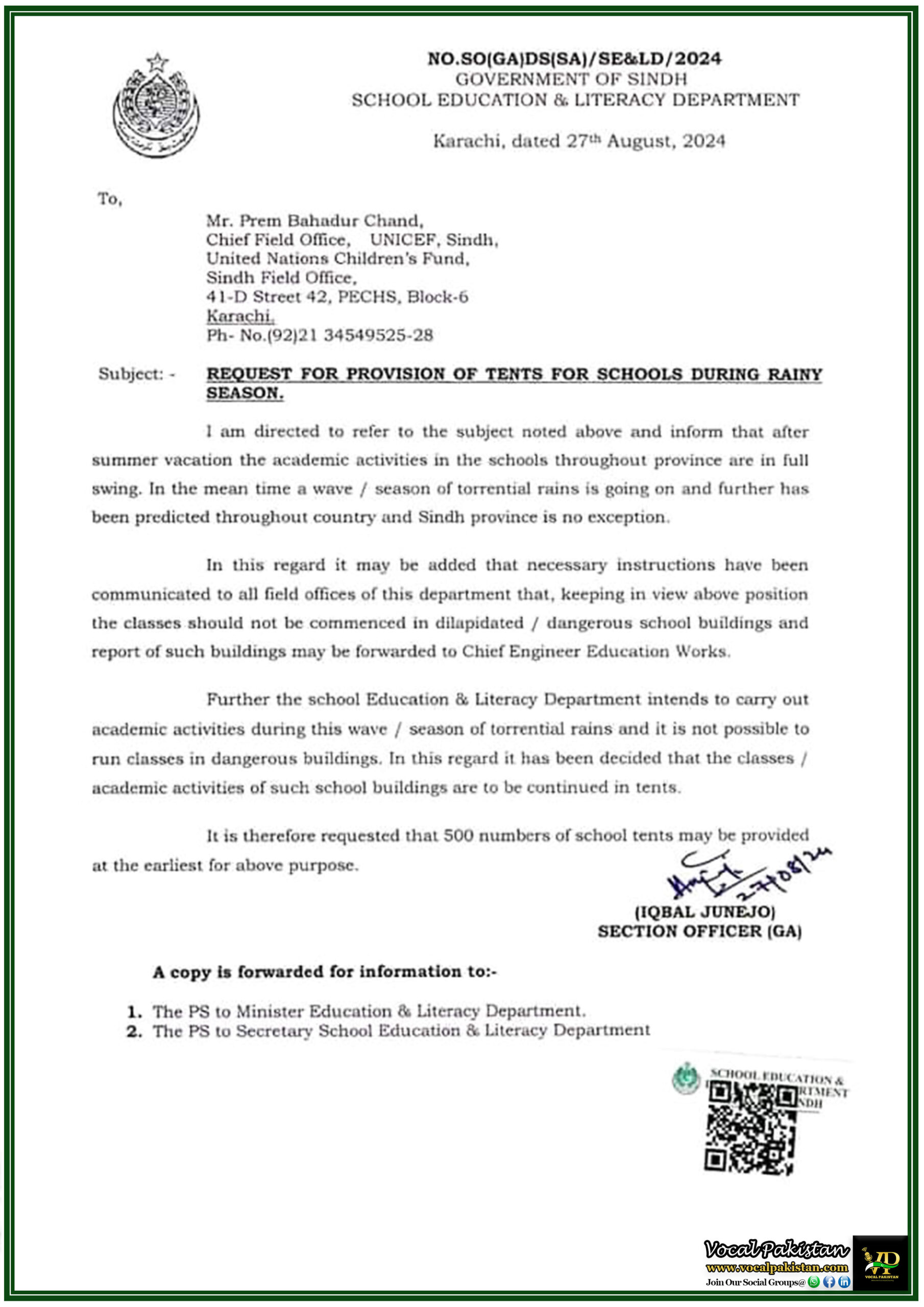 Sindh's Education Department Requests Urgent Provision of Tents to Ensure Safe Schooling During Torrential Rains-Notification