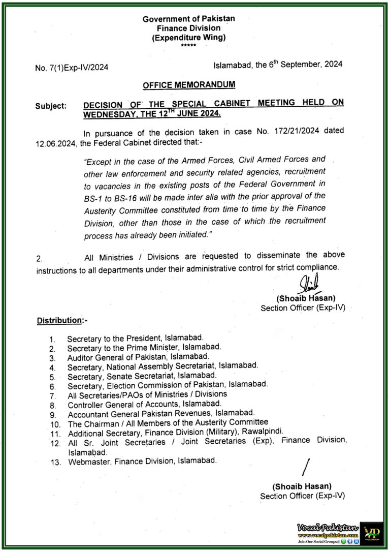 Special Cabinet Meeting Decision Federal Government Imposes New Hiring Restrictions Recruitment in BS-1 to BS-16 Requires Austerity Committee Approval-Notification