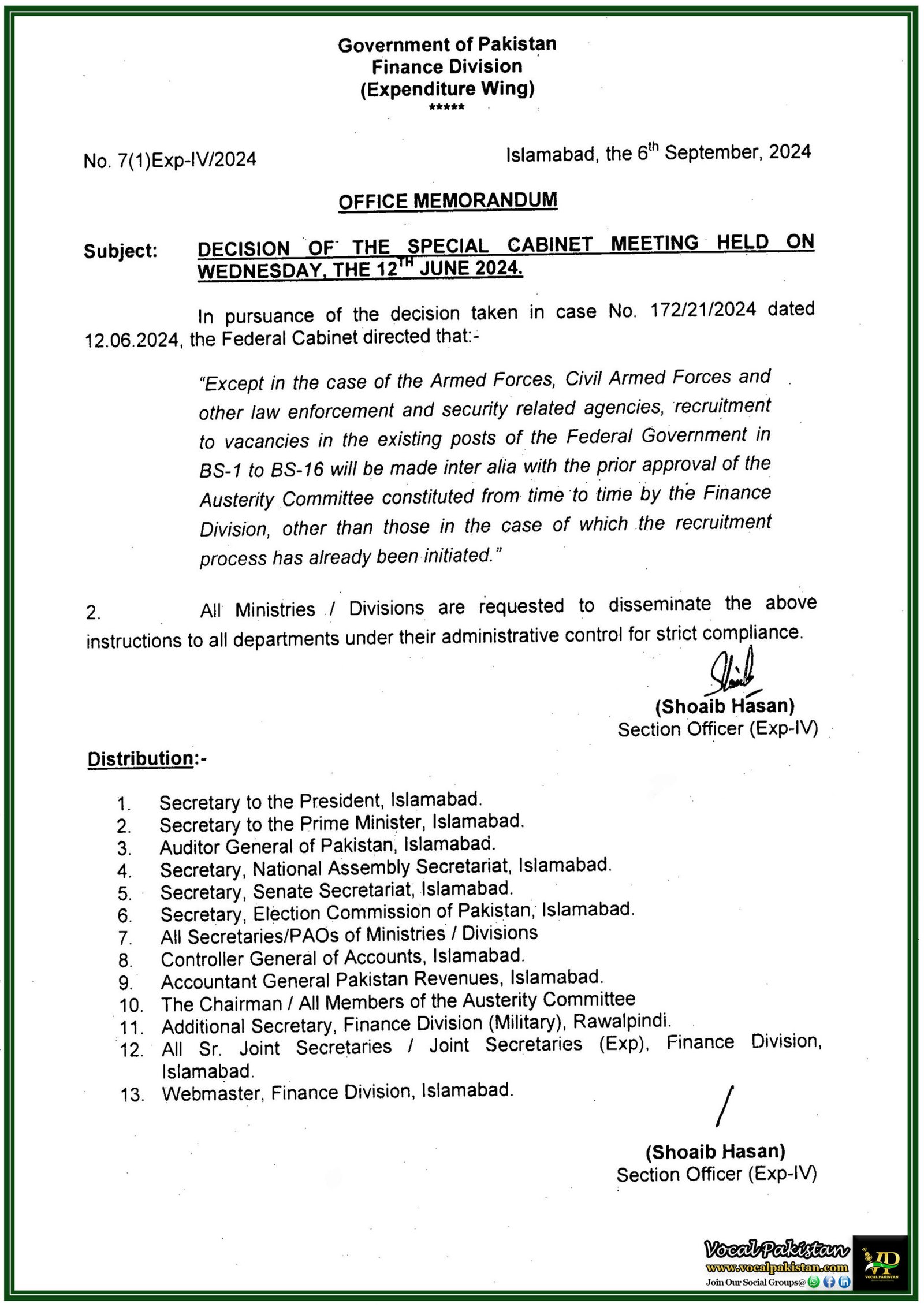 Special Cabinet Meeting Decision: Federal Government Imposes New Hiring Restrictions Recruitment in BS-1 to BS-16 Requires Austerity Committee Approval-Notification