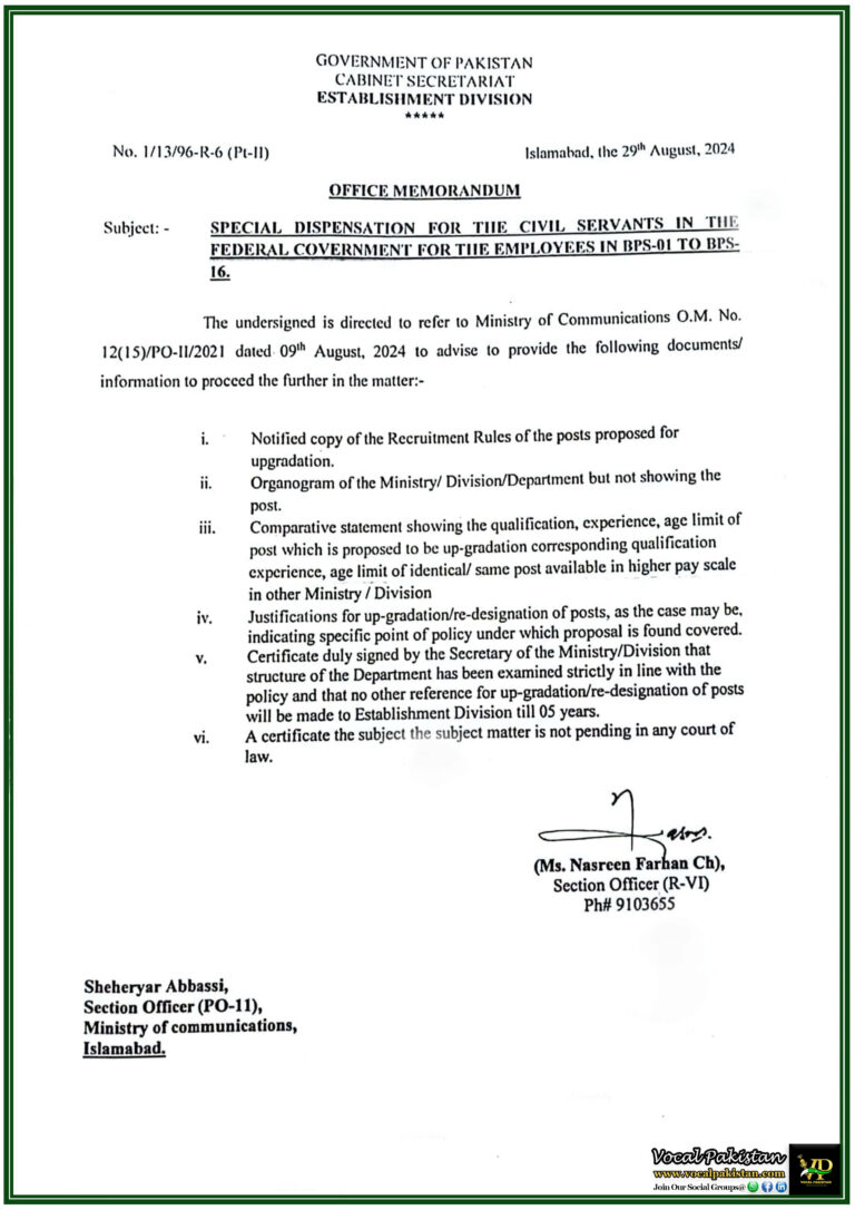 Special Dispensation for Federal Employees Establishment Division Requests Key Documents for Post Upgradation-Notification