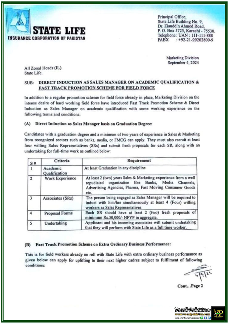 State Life Launches Fast Track Promotion & Direct Induction Scheme for Sales Managers-Notification