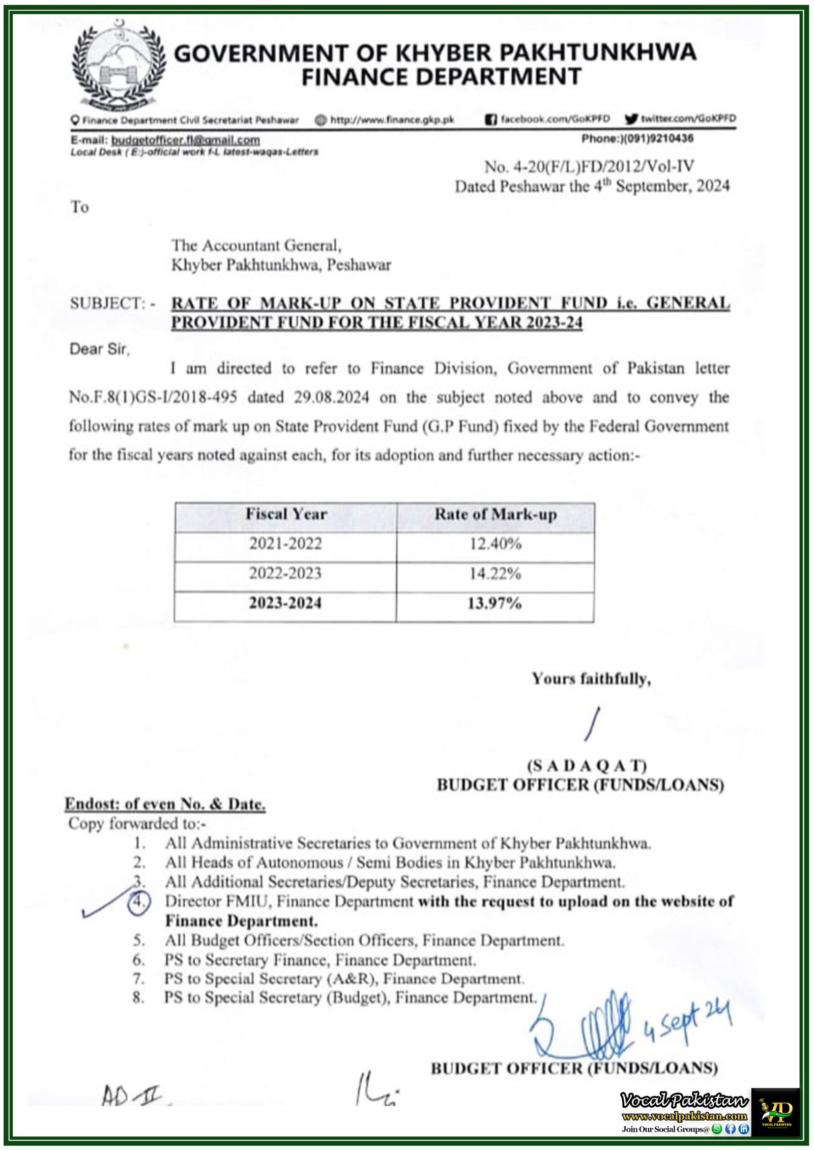 State Provident Fund (GP Fund) Mark-Up Rates Revealed for Fiscal Year 2023-24 by Khyber Pakhtunkhwa Finance Department-Notification