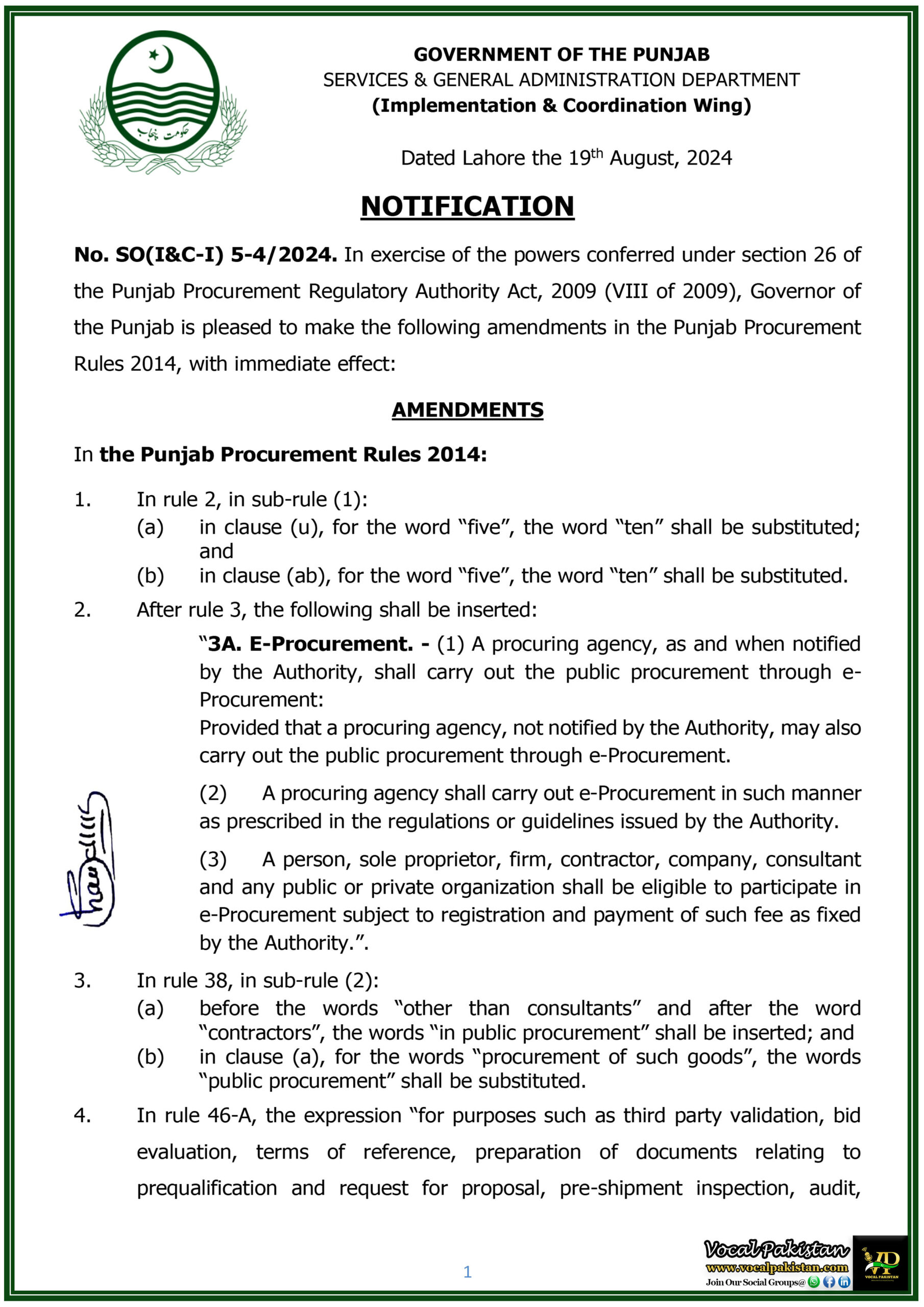 Government Jobs 4 Streamlined Procurement: New Amendments in Punjab Procurement Rules 2014 Effective Immediately-Notification