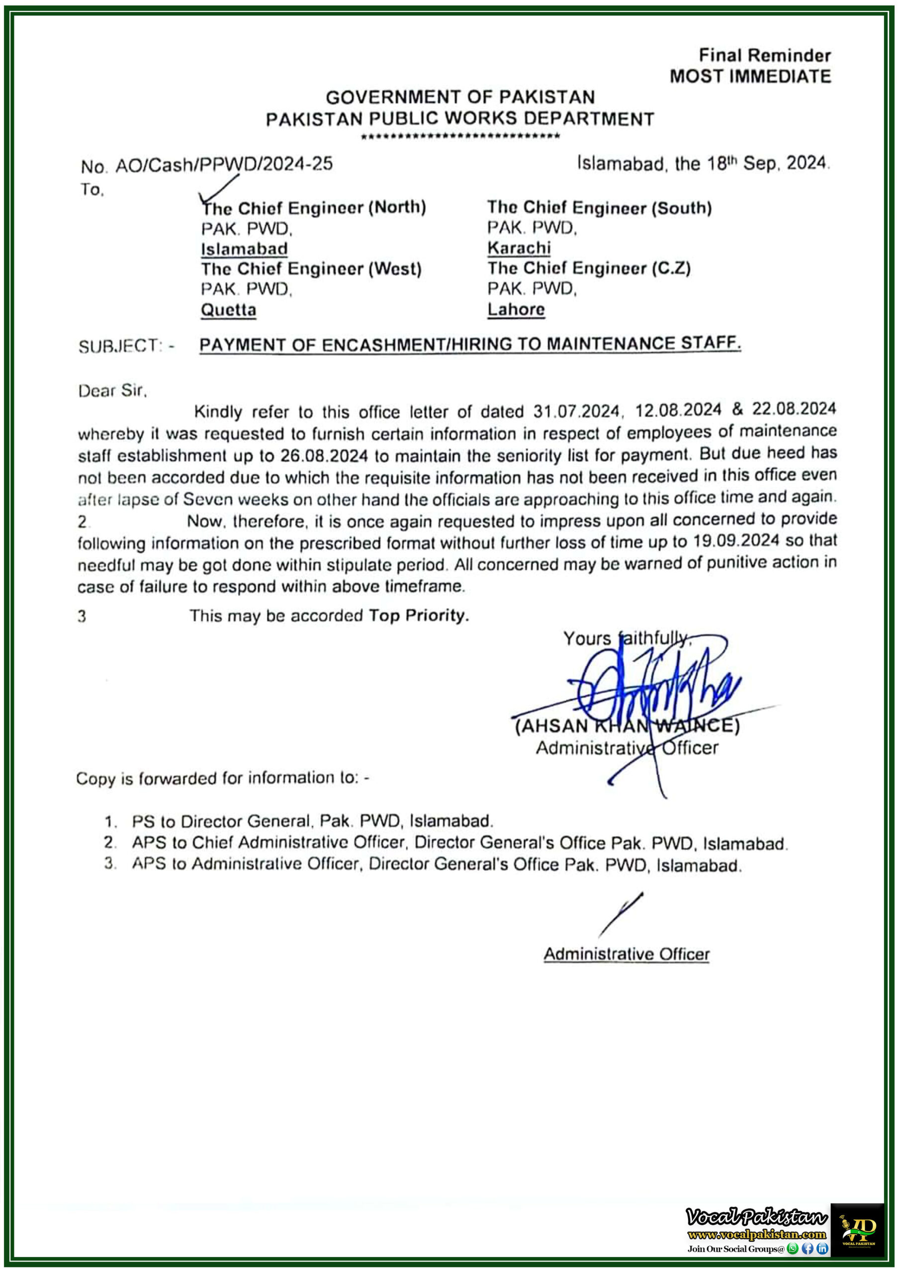 Top Priority: PAK PWD Sets Deadline for Maintenance Staff Data Submission to Ensure Payment Processing-Notification